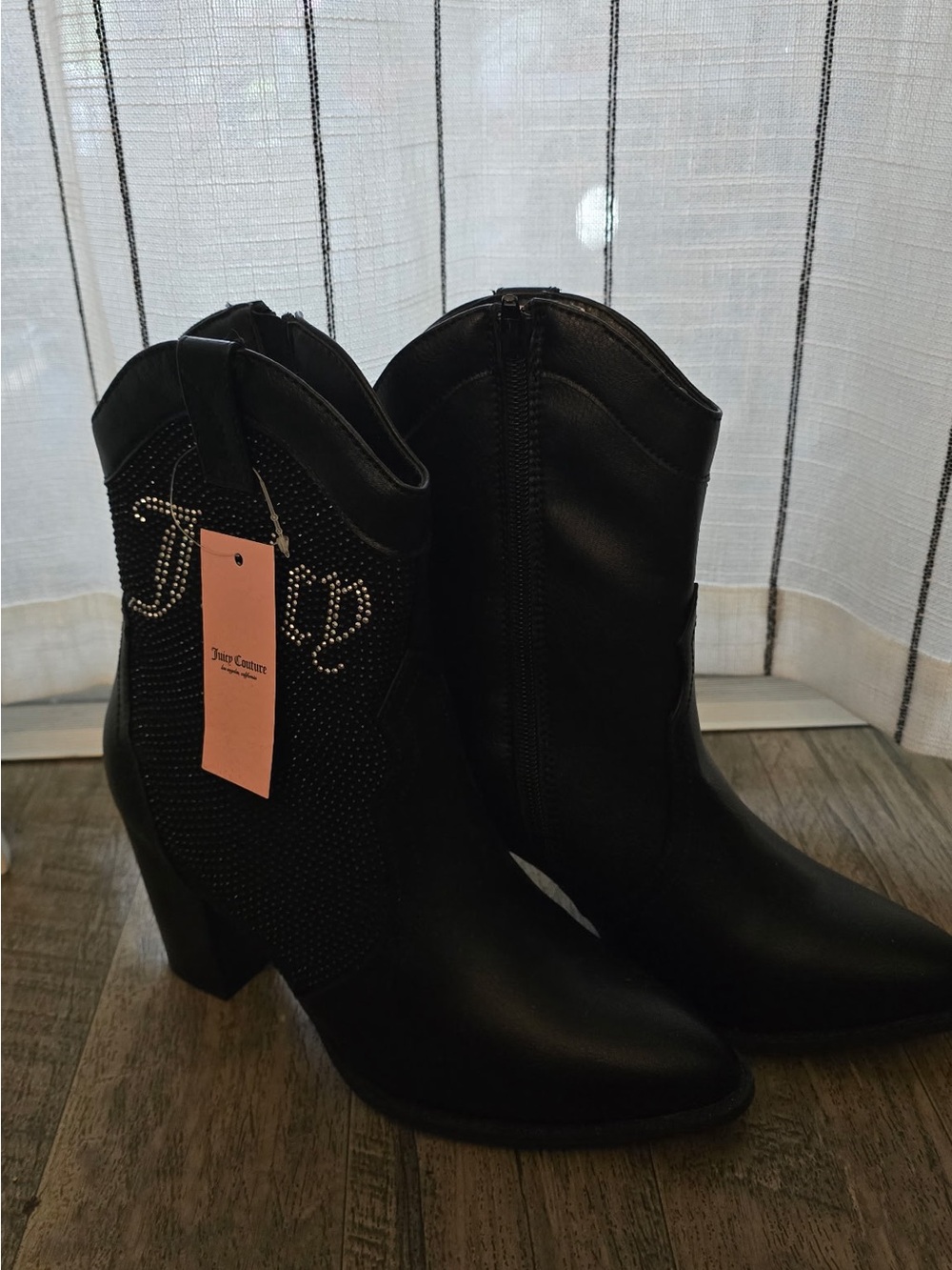 Juicy Couture Black Rhinestone Logo Western Ankle Boots